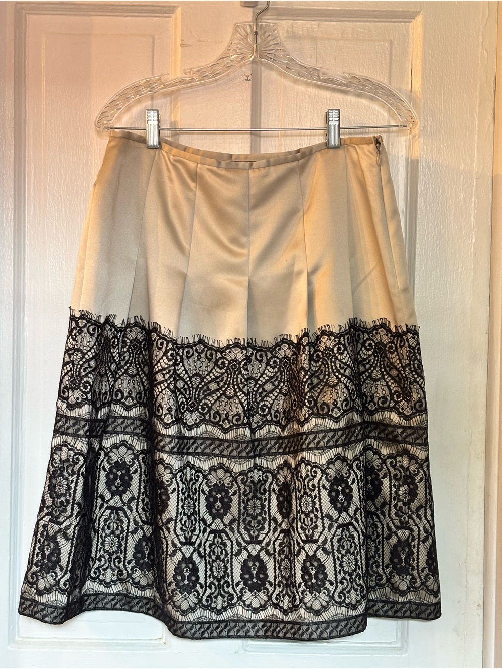 Ann Taylor Gold Satin Skirt with Black Lace Hem Size 8